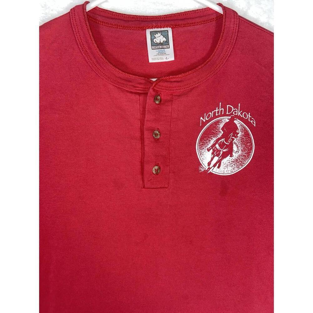 Vintage Single Stitch 3 Button T-Shirt Henley Large Cowboy Western North Dakota
